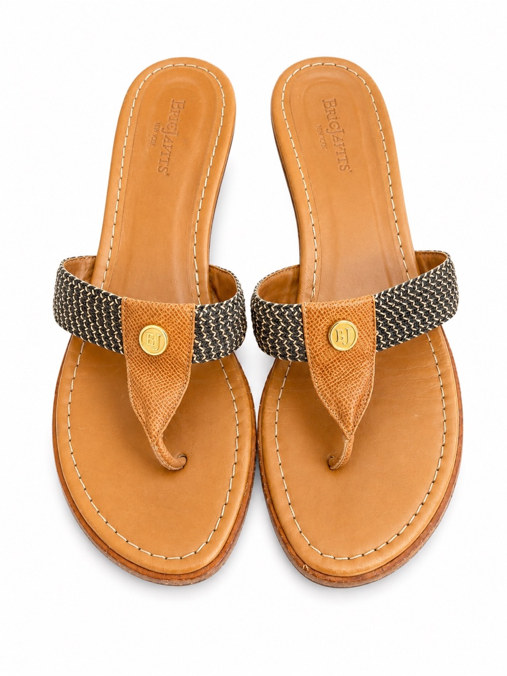 Eric Javits Woven Leather Thong Sandals Black Tan Size 10